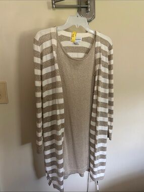 Bloomingdale's Cream and Tan Striped Knit Dress with Cardigan Set